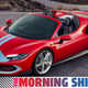 A photo of a red convertible Ferrari supercar with The Morning Shift captioned along the bottom.